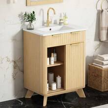 61 Cm Freestanding Bathroom Cabinet With Decorative Wave Design, Warm Natural Wood Tone, 3 Drawers And Sliding Door With Shelf – Faucet Not Included - Natural Color - View 11