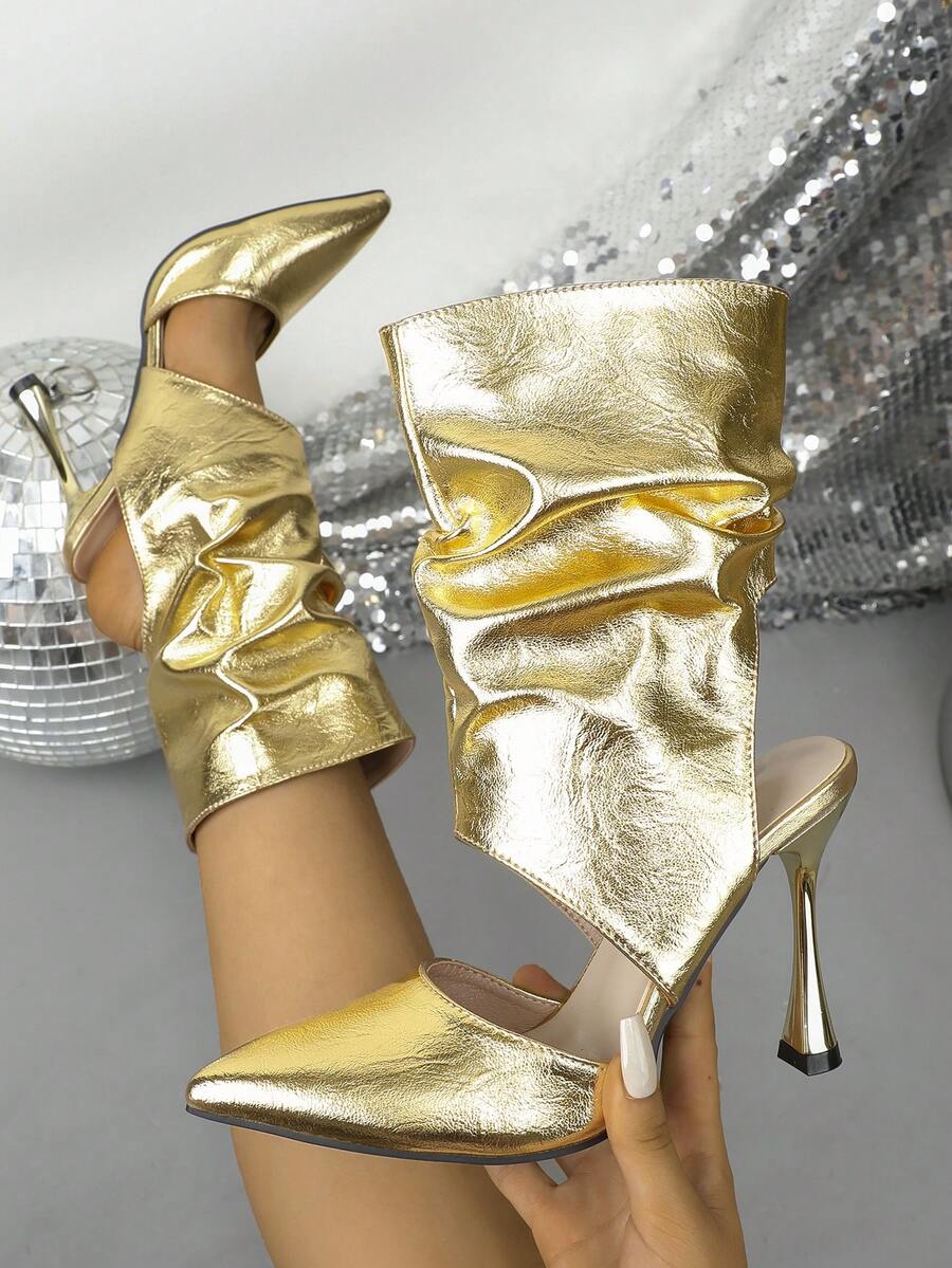 Sepatu Bot Ankle Wanita Warna Emas Metalik dengan Ujung Lancip dan Detail Kerut, Sepatu Hak Tinggi Stiletto Berongga, Sepatu Bot Fashion untuk Pesta dan Klub Malam - Emas - View 1