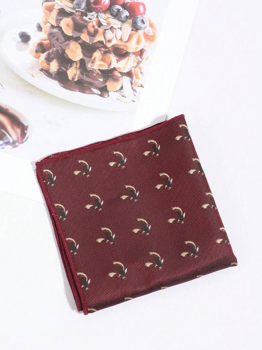 Burgundy Bird Print Pocket Square, Men Formal Business Wedding Suit Breast Pocket Accessory - Burgundy - View 1