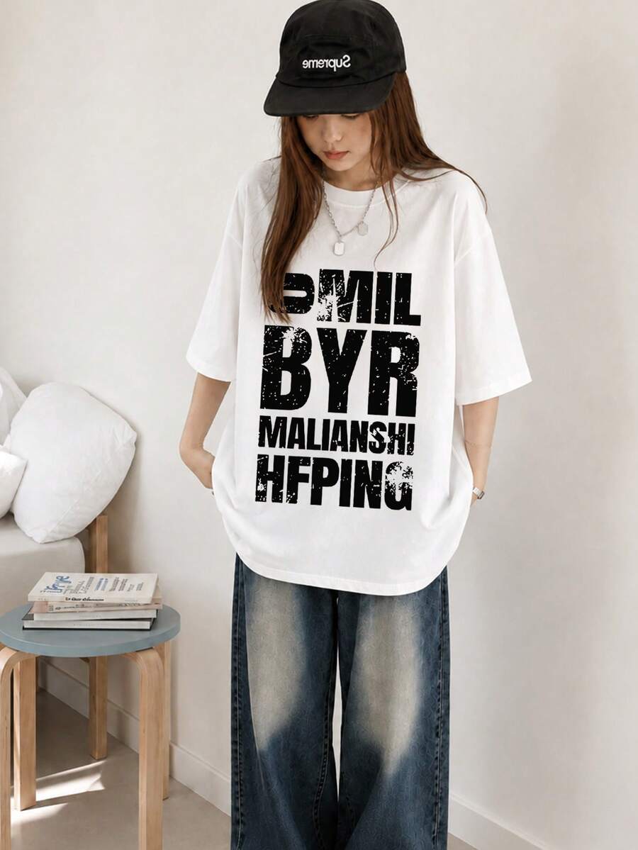 Casual Loose Round Neck Cartoon Letter Print Short Sleeve T-Shirt, Versatile For Women, Spring/Summer White - White - View 1