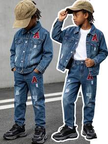 2pcs Tween Boys Autumn/Winter Vintage Street Style A-Embroidered Denim Jacket With Simple Slim Fit Distressed Jeans, Suitable For Outdoor Street Fashion - Dark Wash - View 2