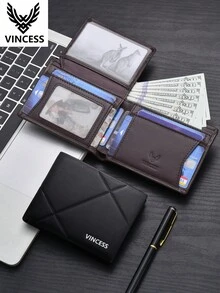 VINCESS Men's Genuine Leather Wallet, Fashionable Slim Card Holder With Multiple Slots And RFID Blocking, Cowhide Coin Purse, Fashionable Geometric Design, Casual Fashion Daily Use, Perfect For Men's Holiday Gift, Valentine's Day Gift - Black - View 7