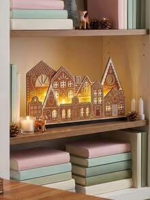 Christmas Gingerbread House Decor With Light Wooden Village Set,Gingerbread House Wooden Table Centerpiece Decor For Xmas,Farmhouse,Fireplace,Bookshelf,Dining Table,Windowsill - Multicolor - View 6