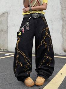 Hearty Haven 1pc Men's American Street Style Embroidered Wide Leg Jeans, Comfortable All-Season Loose Fit Floral College Style Long Pants - No Belt And Accessories - Black - View 2