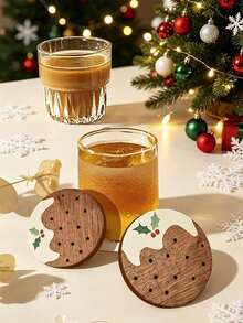 8pcs/4pcs Holiday Christmas Pudding Wooden Coasters - Featuring Custom Holiday Patterns With Meat Pies And Snowflakes,Perfect For Home,Office,Cafe Or Tea Room Decoration And Holiday Table Setting/Holiday Coasters/Wooden Coasters,Christmas Table Decor - View 5