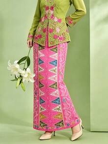 1pc Women's Printed Elegant Nyonya Skirt, Spring/Summer - Pink - View 2