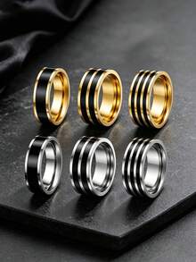 6PCS Fashion Striped Stainless Steel Men's Rings, Light Luxury Simple Business Bands, Couple Engagement Promise Jewelry For Daily Banquet & Gift - Multicolor - View 4