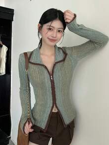 Sweater Vintage Seksi untuk Wanita, Model Baru, Blok Warna, Potongan Ramping, Atasan Kerah Mewah, Patchwork Acak, Musim Gugur - Hijau - View 7