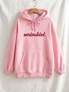 1pc Women's Autumn/Winter Loose Fashion Thermal Lined Hooded Sweatshirt Long Sleeve Top INS, With "Overstimulated." English Print Pattern, Autumn/Winter Warm Thermal Lined Inner/Outer Wear Base Layer, Y2K Women's Top - Pink - View 3
