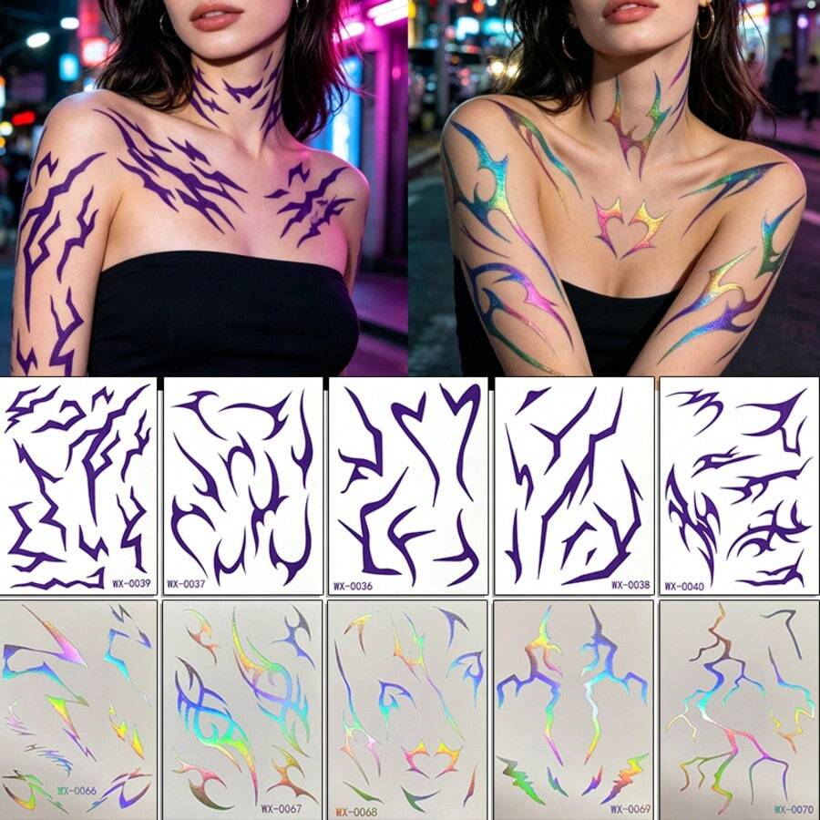 10 Sheets Irregular Claw Temporary Tattoo Stickers, Long-Lasting Easy To Apply And Remove, Self-Adhesive Purple Holographic Rainbow Neck Chest Body Tattoos For Rave Festival Goth Club Makeup