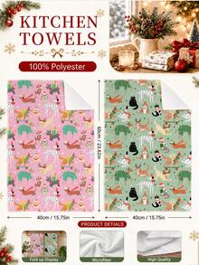 2 buah Handuk Dapur Motif Ilustrasi Pohon Natal Kartun Hewan Warna Pink & Hijau, Kain Lap Piring Poliester Lembut, Cocok untuk Dekorasi Dapur, Pembersihan Dapur, Dekorasi Pesta Liburan, Perlengkapan Dapur & Kamar Mandi, Kebutuhan Rumah Tangga, Dekorasi Rumah, Hadiah Pesta Peresmian Rumah - MultiWarna - View 4