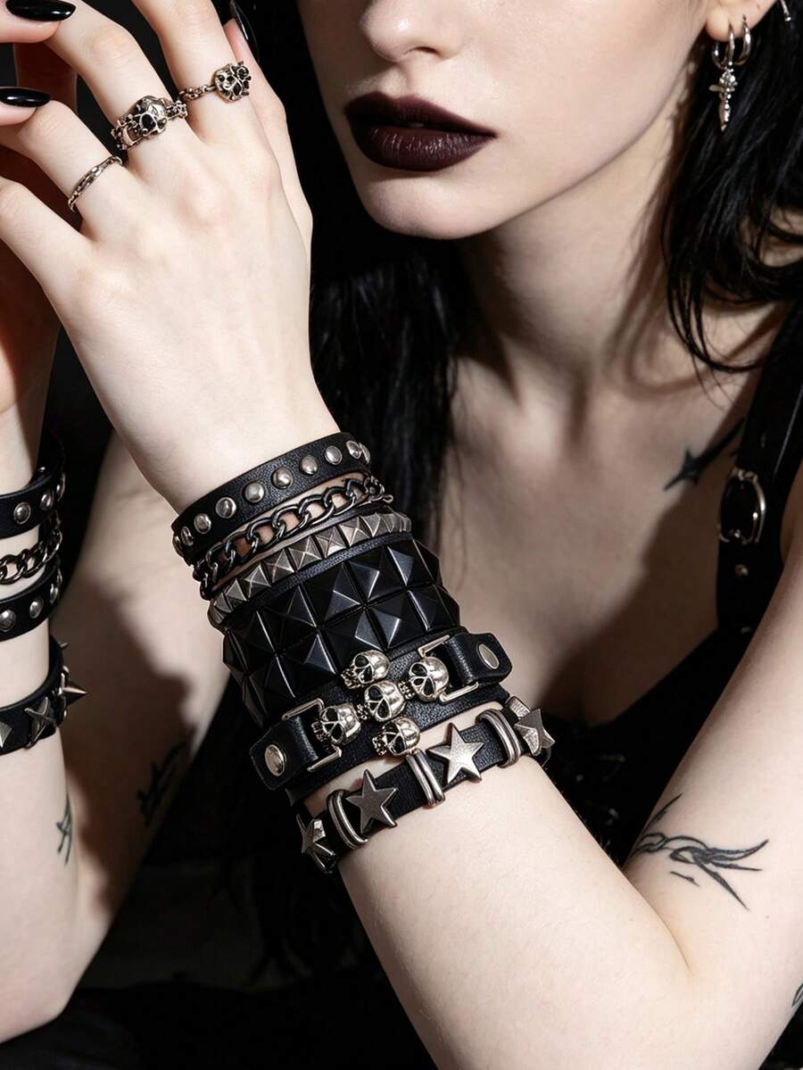 4Pcs Punk Gothic PU Leather Bracelet, Skull Star Pyramid Stud Multi-Layer Wristband, Adjustable Bracelet For Women Men, Rock Festival Party - Black - View 1
