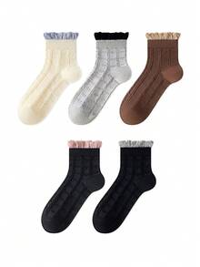 ZUJO 5 Pasang Kaos Kaki Wanita Setengah Betis dengan Renda Bergelombang, Desain Hati Rajutan Kabel Bertekstur 3D, Sederhana, Nyaman, dan Bernapas, Cocok untuk Dipakai di Musim Semi, Gugur, dan Musim Dingin - MultiWarna - View 8