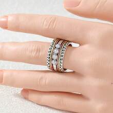Vintage Multi-Layer Hammered Texture Ring, Round Faux Pearl Inlaid Wide Band - Silver - View 2