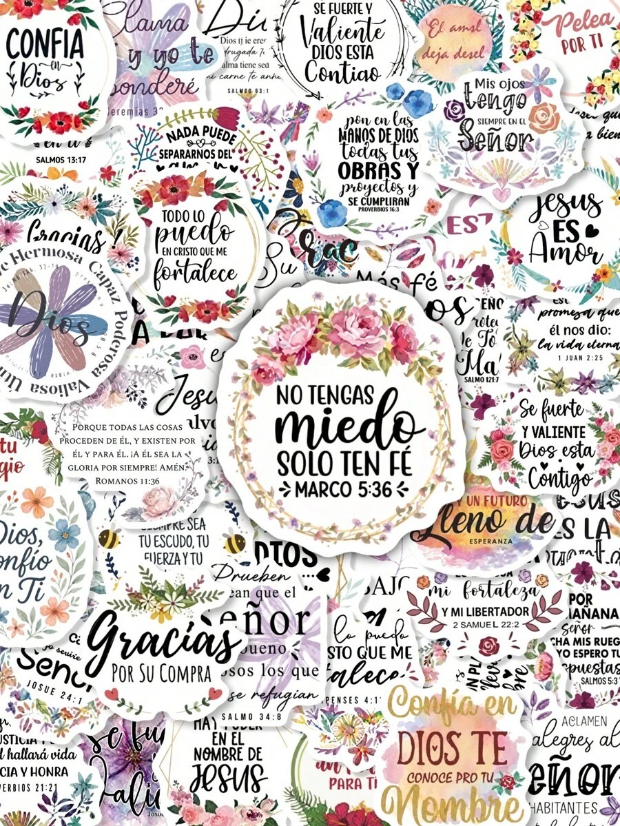 50Pcs Spanish Christian Faith Sticker Pack, Watercolor Floral Scripture ...