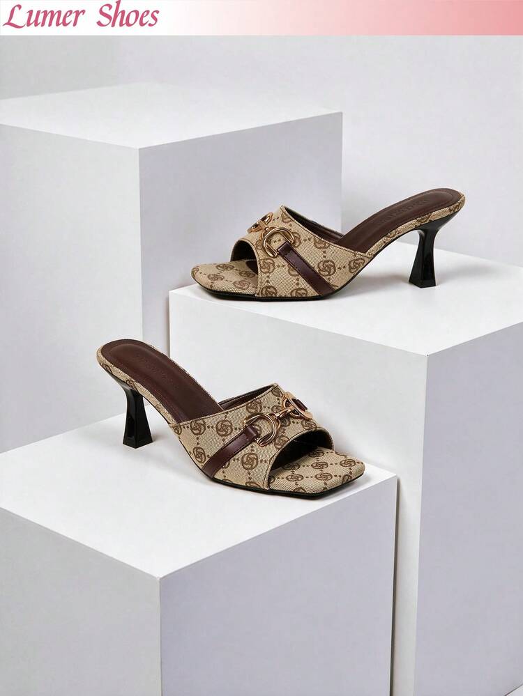 Women's Black Square Toe Metal Buckle Decor Stiletto Mule Sandals, Elegant For Party, Nightclub And Daily Formal Wear - Khaki - View 1