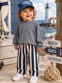 2Pcs/Set Baby Vintage Striped Elastic Waist Casual Long Pants With Pockets Loose Versatile Toddler Pants Casual Outfit - Multicolor - View 3