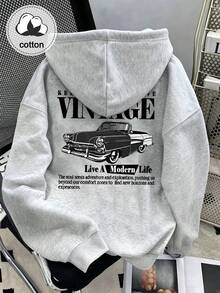 女款標語汽車印花長袖休閒寬鬆連帽衛衣 - 淺灰色 - 查看 1