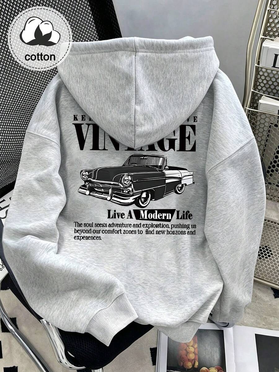 女款標語汽車印花長袖休閒寬鬆連帽衛衣 - 淺灰色 - 查看 1