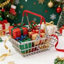 Mini Metal Wire Mesh Shopping Basket, Small Rectangular Desktop Storage Caddy With Red Rubber‑Coated Foldable Handle, Open‑Top Hollow Organizer Holder For Stationery Tiny Trinkets Photo Prop For Home Desk Decor, Christmas Essential - Multicolor - View 5