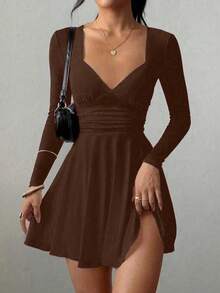 性感時尚V領抓皺腰部荷葉邊下擺長袖迷你洋裝，春夏新品優雅棕色 - 棕色 - 查看 3