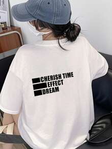 Women's Round Neck Loose Versatile Minimalist Letter Print Short Sleeve T-Shirt, Spring/Summer Casual White - White - View 2