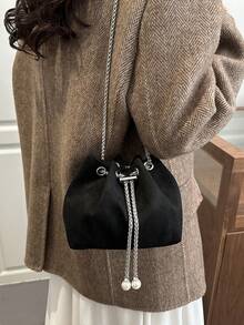 1pc Women's Fashion Commuter Solid Color All-Season Shoulder Bag, Portable Versatile Luxury Mini Drawstring Crossbody Bag, Suitable For Dating, Shopping, Gift - Black - View 5