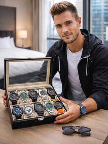 Estuche Organizador De Relojes Con 10 Compartimentos Caja Exhibidora De Piel Sintética Con Tapa De Cristal Y Almohadillas Removibles Almacenamiento Elegante Para Relojes Y Smartwatches - Negro - Ver 2