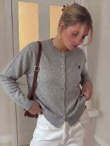 Women's Heart Embroidered Long Sleeve Single-Breasted Knit Cardigan, Autumn/Winter - Grey - View 6
