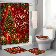1pc/4pcs Christmas Red Christmas Tree Gift Multi-Function Bathroom Decor Shower Curtain Set, Free 12 Hooks, Premium Holiday Atmosphere, Bathroom Mat, U-Shaped Floor Mat And Round Toilet Lid Cover, Suitable For All Christmas Scenes Decoration - Christmas Tree - View 8