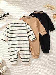 Bhchntiy 3pcs Baby Boys Autumn/Winter New Striped & Solid Color Polo Collar Casual Fashion Rompers - Multicolor - View 2