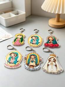 6pcs Cute Our Lady Of Guadalupe Acrylic Keychains, Cartoon Virgin Mary Religious Key Rings, Catholic Faith Hanging Decor Key Fobs, Suitable For Bags, Backpacks, Purses, Christian Spiritual Gifts For Women And Girls - Multicolor - View 3