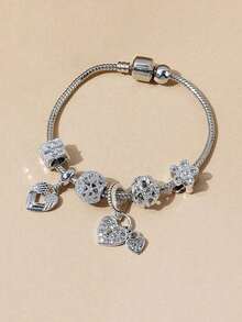 1pc Fashionable Rose Gold Beaded Bracelet, Hollow Carved Heart Charm With Rhinestone Embellishment Valentines,Mom,Mother,Mother's Day,Gift - Multicolor - View 6