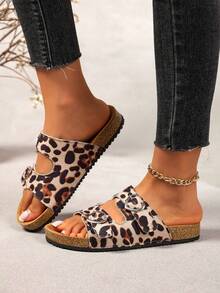 1 Pair Women's Vintage Leopard Print Double Hook & Loop Cork Sole Sandals, Summer Outdoor Casual Flat Slip-On Sandals With Cork Insole And Open Toe - Beige - View 2