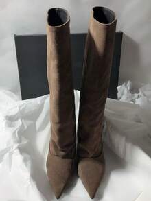 French Blogger Style Pointed Toe Wide Shaft Knee-High Boots, Nordic Kitten Heel Riding Boots For Women - Brown - View 6