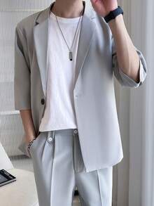 Men's 3/4 Sleeve Korean Style Casual Fashion Loose Fit Blazer Jacket - Light Grey - View 3