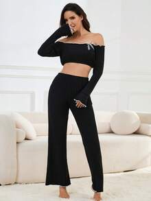 Women's Spring Autumn Winter Sweet Bow Fashion Ruffle Lace Solid Color Slim Fit Sexy Off-Shoulder Bell Sleeve Long Sleeve Casual Double Pocket Pants Comfortable Loungewear 2-Piece Set - Black - View 5