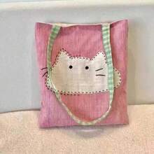1pc Soft Cute Cat Applique Tote Bag, Fresh Pink Tone With Plaid Strap, Hand-Stitched Cute Cartoon Pattern. Large Capacity Interior Can Store Books And Personal Items, Durable And Wear-Resistant Fabric. Simple Open Design For Easy Access, Suitable For Commuting, School, Shopping And Travel. Lightweight And Portable, Healing And Charming Design, Both A Practical Daily Item And A Thoughtful Gift For Friends, Balancing Aesthetics And Functionality - Multicolor - View 10