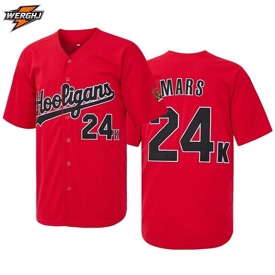 Men's Mars<24K Magic>Hooligans Hip-Hop Embroidery Baseball Jersey,Retro Streetwear And Items For Concert Support
