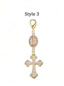 Christian Charm Keychain With Religious Cross, Pearl And Diamond Pendant - Cross Keychain, Bag Charm, Cross Pendant, Decorative Wallet, Backpack, Earphone Case, Luggage And Car Accessories - Single Accessory With Pearl, Diamond And Romantic Elements - Multicolor - View 12