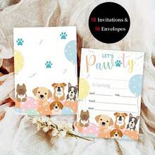 10 Party Invitation Cards And 10 Envelopes, Double-Sided Celebration, Perfect For Birthday, Graduation, Back To School, Or Friendship Day Celebrations, Elegant Stationery, Dog Party, Dog Lovers - A - View 1