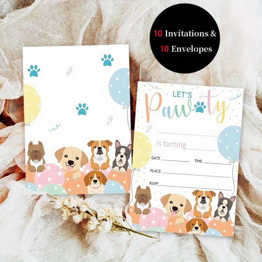 10 Party Invitation Cards And 10 Envelopes, Double-Sided Celebration, Perfect For Birthday, Graduation, Back To School, Or Friendship Day Celebrations, Elegant Stationery, Dog Party, Dog Lovers - A - View 1