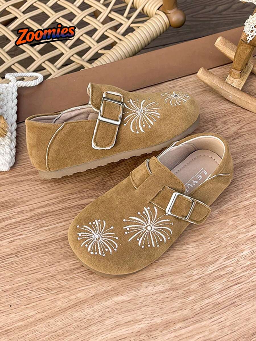 Cute Fashionable Girls' Flat Shoes, Fireworks Embroidery Decoration, Classic Versatile Lightweight Soft, Suitable For Daily, School, Vacation Wear - Camel - View 1