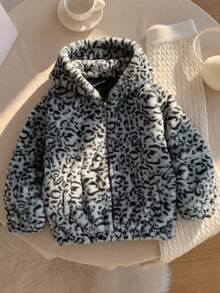 Children's Leopard Print Hooded Plush Jacket[Thickened Faux Fur]Boys & Girls Autumn/Winter Loose Zipper Faux Fur Coat - Black - View 4