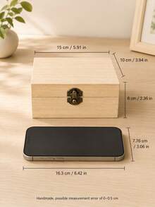 1pc 15x10x6cm Vintage Brass Color Clasp Natural Wooden Storage Box, Rustic Rectangular Desktop Organizer Souvenir Box, Suitable For Bedroom Vanity Desk, Gift Giving - Multicolor - View 2