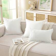 ABEST6522 Home&Living store 1pc 100% Polyester Lace Trim Pillow Case, Faux Linen Texture Solid Color Cushion Cover, Square Rectangle Suitable For Sofa, Bedroom, Living Room Home Decor, Pillow Insert Not Included - White - View 7