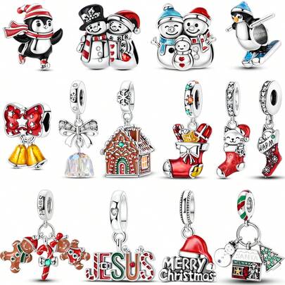 1 Pc Silver Plated Winter Snowman Penguin Gingerbread Bell Charm Fit Bracelet For Diy Jewelry Making, Ideal Choice For Women Christmas Jewelry Gift