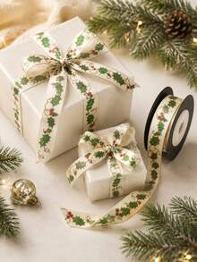 4.5m Vintage Holly Print Ribbon, Suitable For Gift Wrapping, Holiday Party Celebration Bow Decoration, Also For Sewing DIY Handmade Crafts - Multicolor - View 4