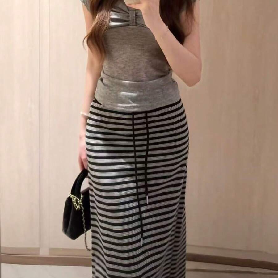 女款拼色條紋性感高腰抽繩垂墜長裙,秋季優雅穿搭,口袋開衩A字修身裙 - 黑色 - 查看 1
