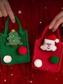 Christmas Felt Square Treat Gift Tote Bag, Handheld Holiday Goody Pouch With Adorable Reindeer Applique Bow Bell Detail, Festive Apple Candy Storage Bag For Xmas Party Home Gifting Adults, Cute Winter Favor Sack For Holiday Celebrations - Multicolor - View 9